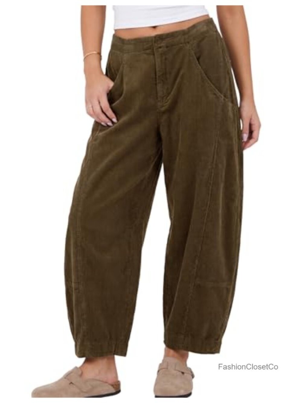 Mid Rise Corduroy Barrel Wide Leg Pants Elastic Waist Casual Trousers
